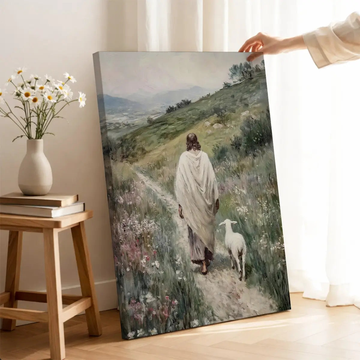 Following the Shepherd Christian canvas art showing Jesus leading a lamb