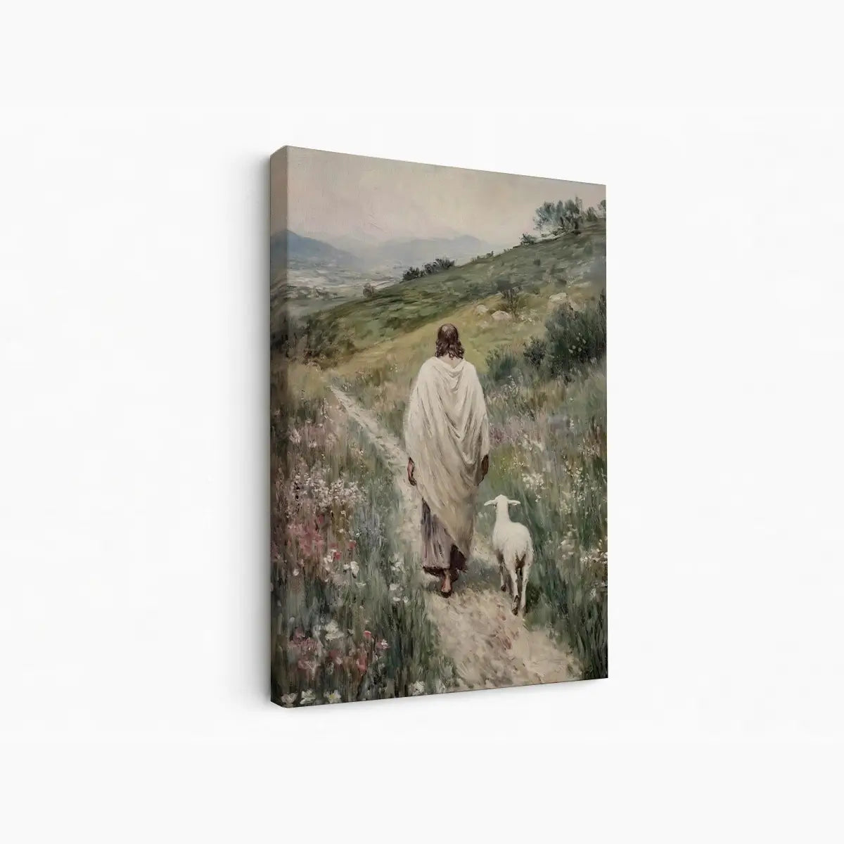 Following the Shepherd Christian canvas art showing Jesus leading a lamb