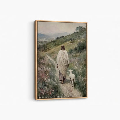 Following the Shepherd Christian canvas art showing Jesus leading a lamb
