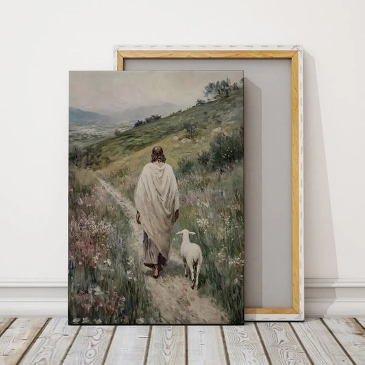 Following the Shepherd Christian canvas art showing Jesus leading a lamb