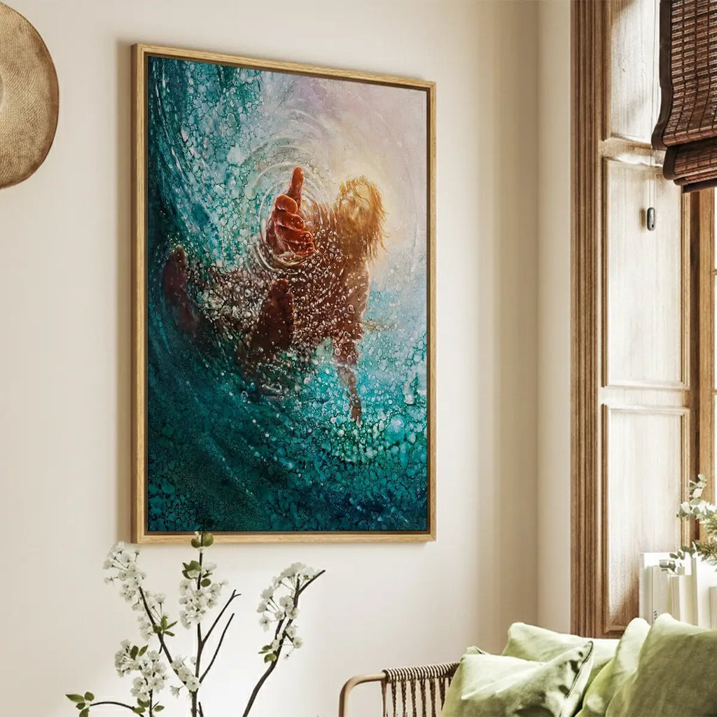 Held by His Hand Christian canvas art showing trust and rescue in the storm