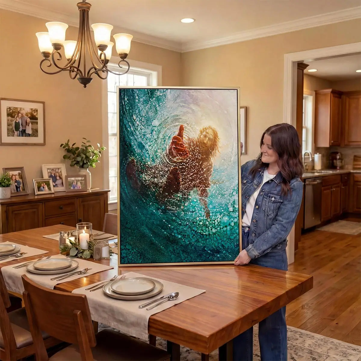 Held by His Hand Christian canvas art showing trust and rescue in the storm