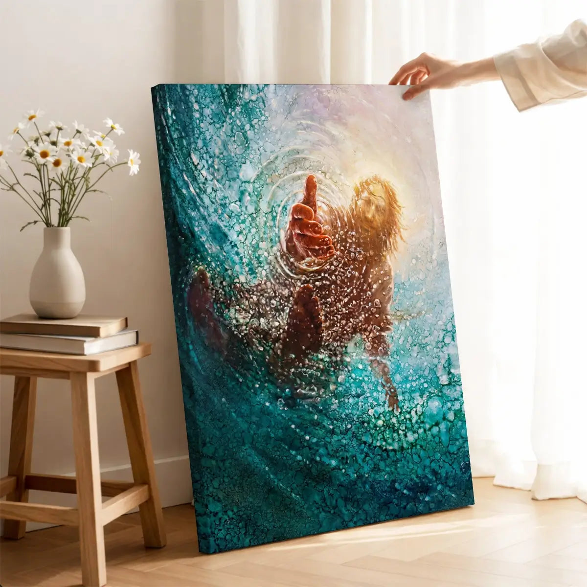 Held by His Hand Christian canvas art showing trust and rescue in the storm