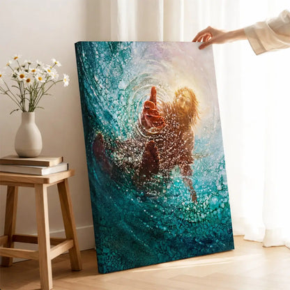 Held by His Hand Christian canvas art showing trust and rescue in the storm