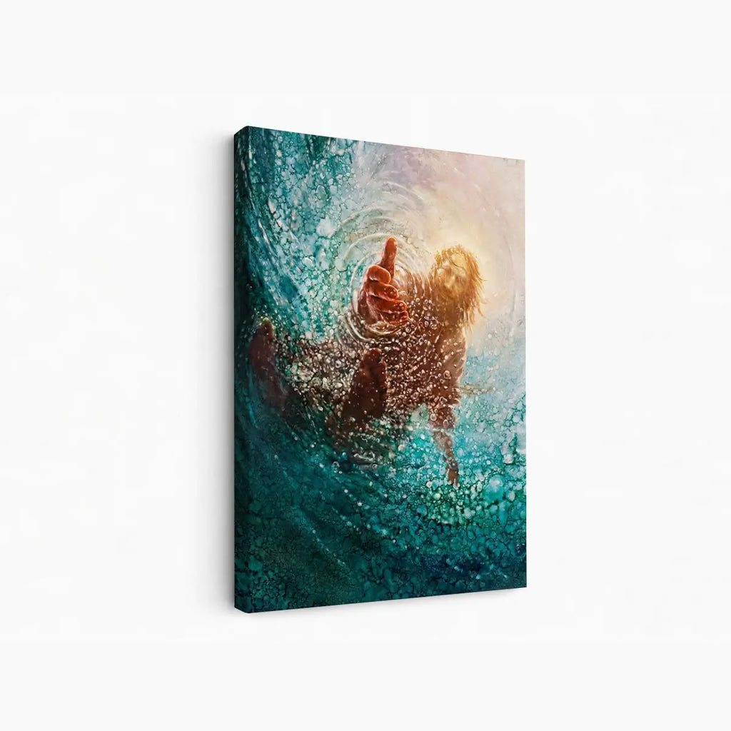 Held by His Hand Christian canvas art showing trust and rescue in the storm