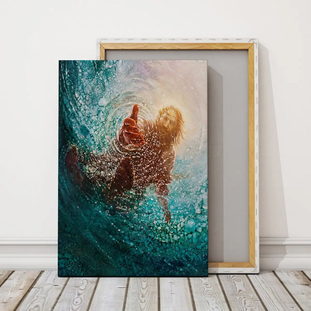 Held by His Hand Christian canvas art showing trust and rescue in the storm