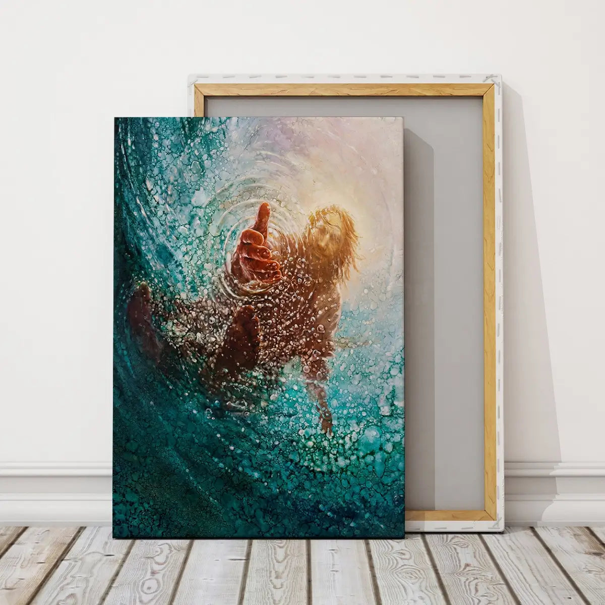 Held by His Hand Christian canvas art showing trust and rescue in the storm