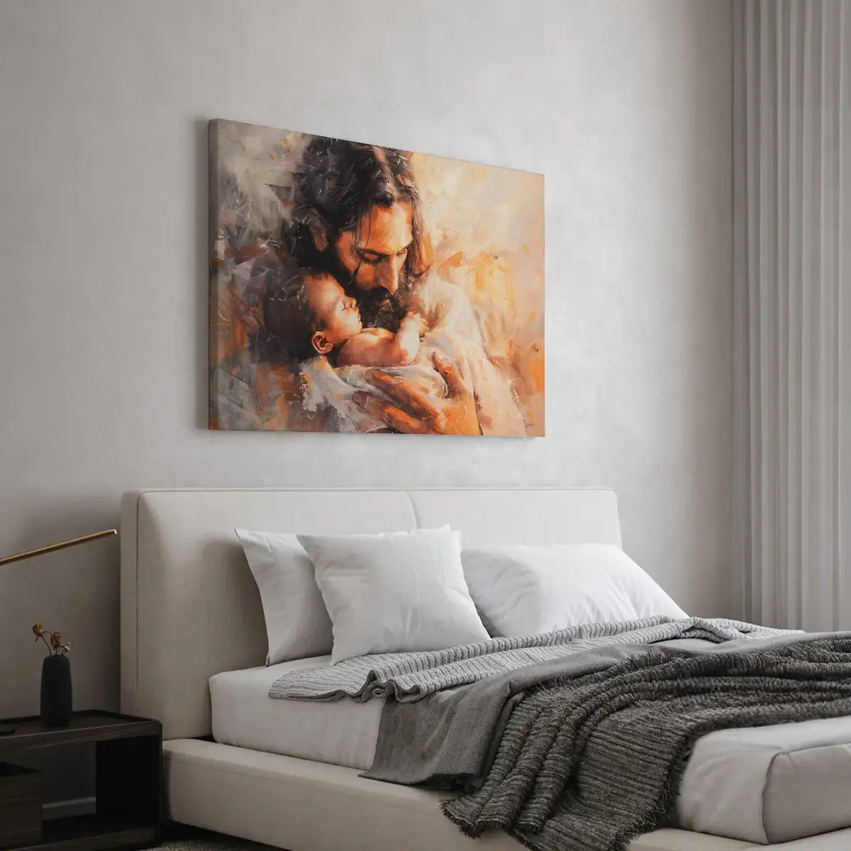 Jesus holding a child Christian wall art in a peaceful bedroom