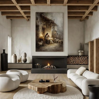 Holy Family nativity wall art displayed in a peaceful living room