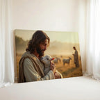 In the Shepherd’s Arms Christian canvas art showing Jesus holding a lamb