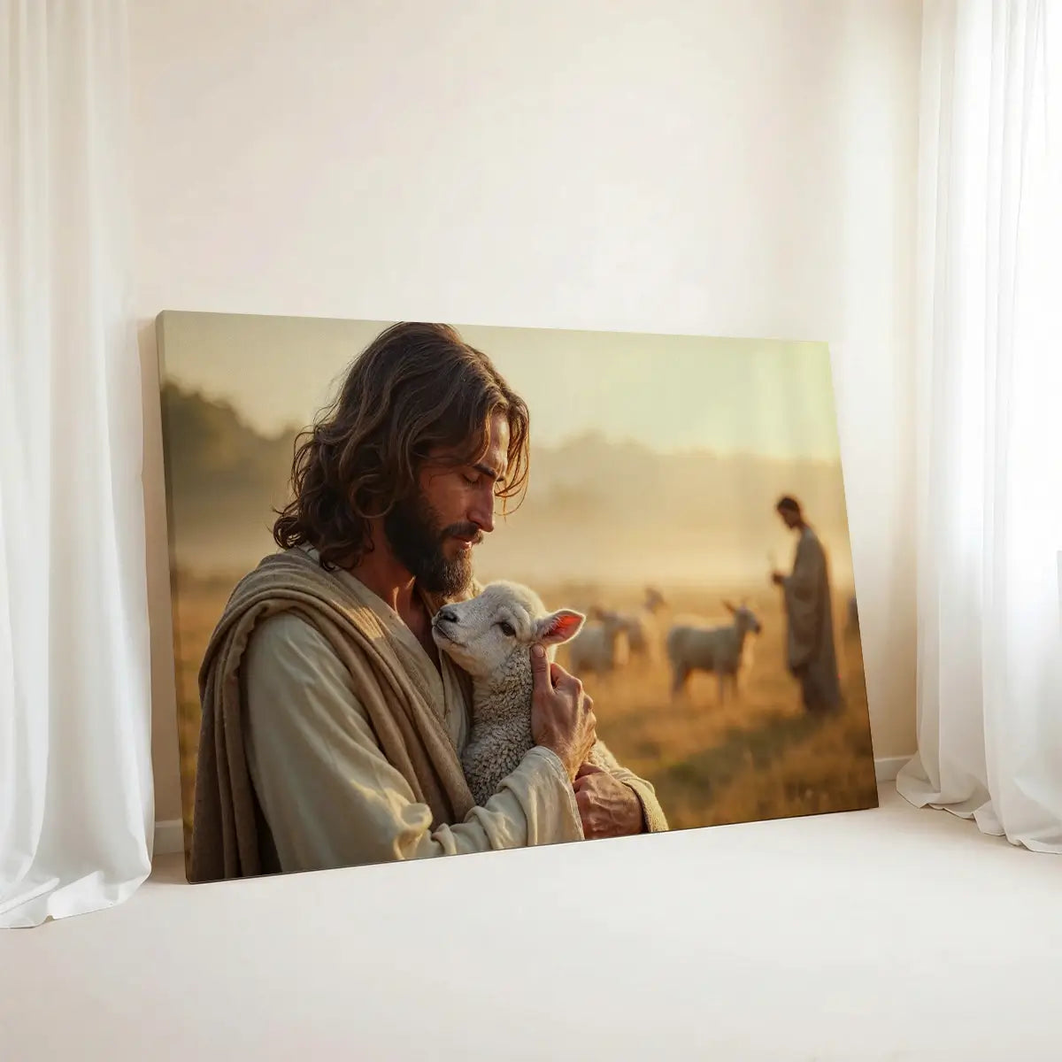 In the Shepherd’s Arms Christian canvas art showing Jesus holding a lamb