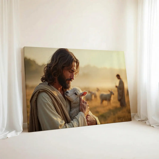 In the Shepherd’s Arms Christian canvas art showing Jesus holding a lamb
