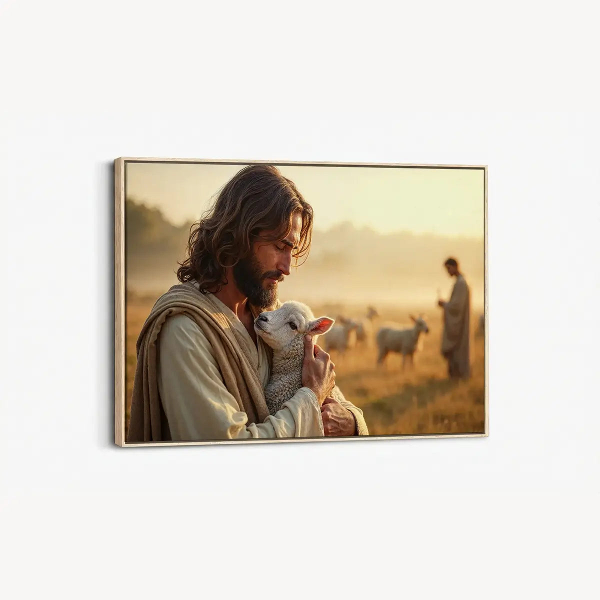 In the Shepherd’s Arms Christian canvas art showing Jesus holding a lamb