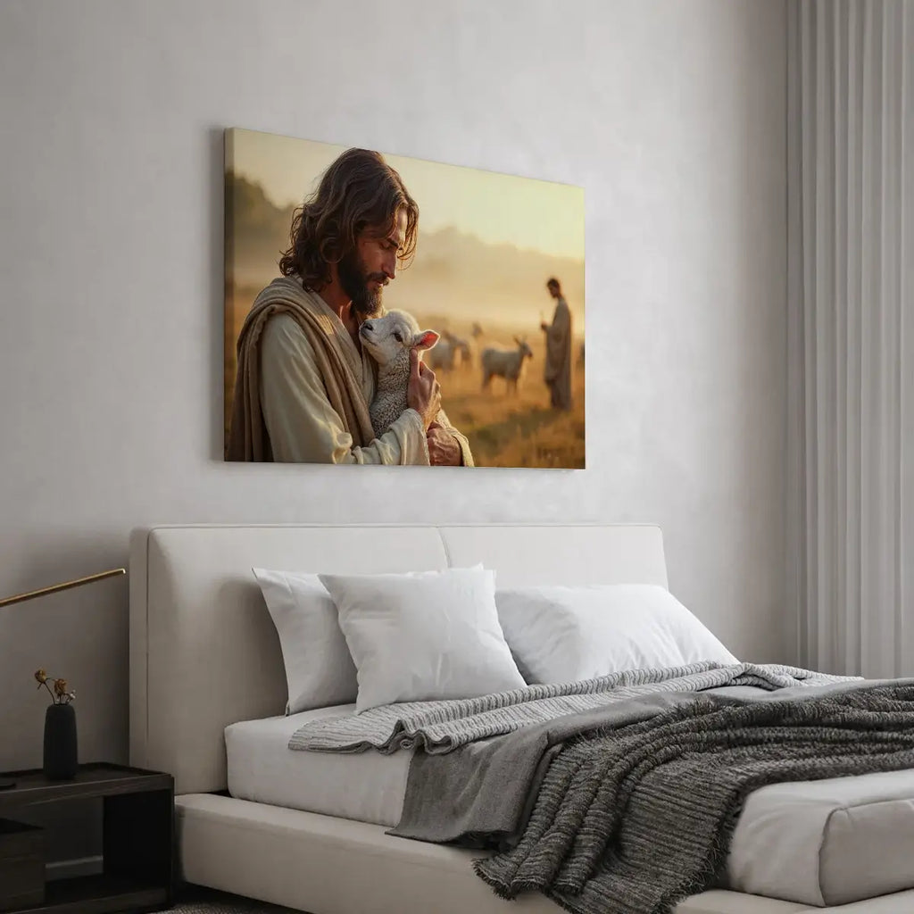 In the Shepherd’s Arms Christian canvas art showing Jesus holding a lamb