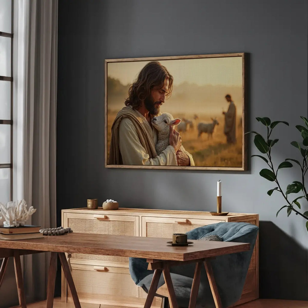 In the Shepherd’s Arms Christian canvas art showing Jesus holding a lamb