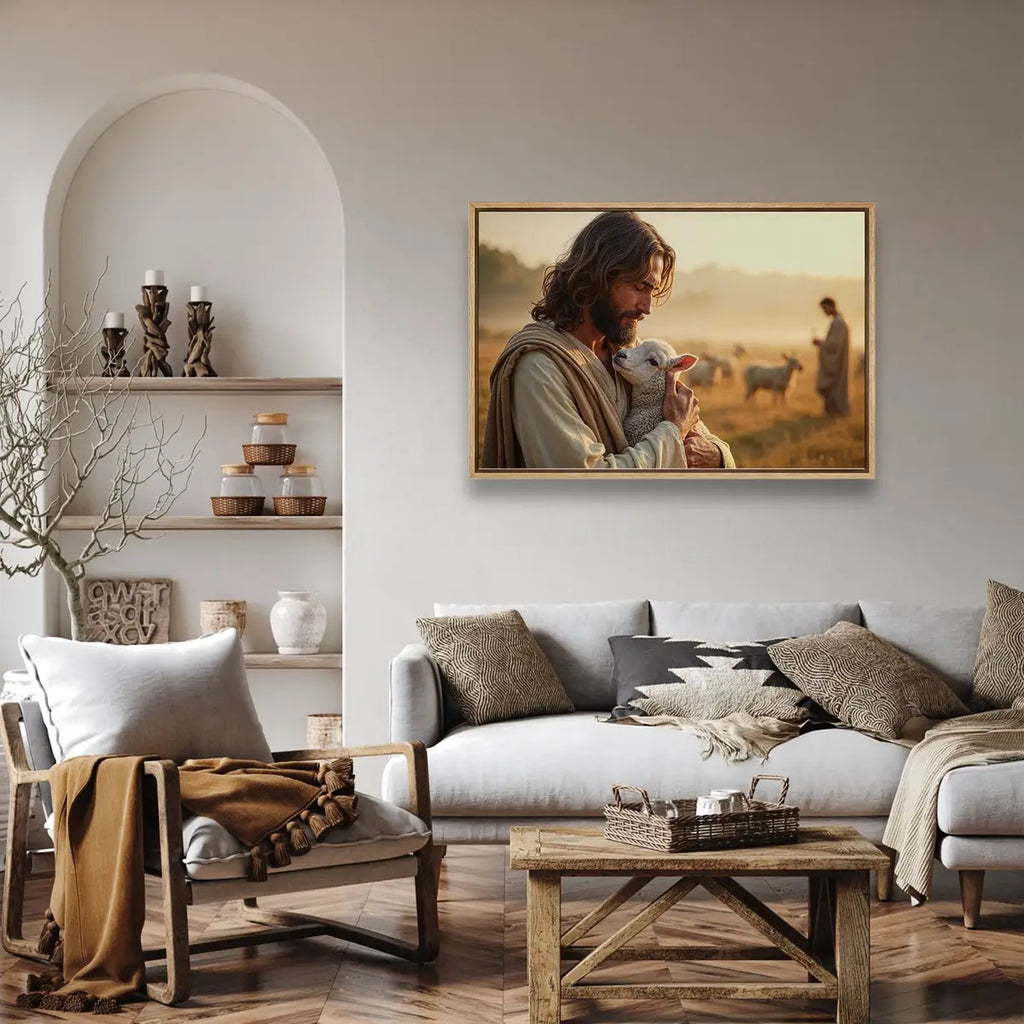 In the Shepherd’s Arms Christian canvas art showing Jesus holding a lamb