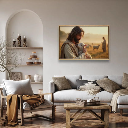 In the Shepherd’s Arms Christian canvas art showing Jesus holding a lamb