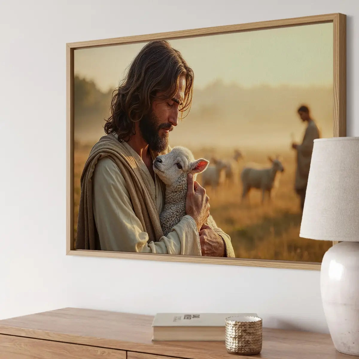 In the Shepherd’s Arms Christian canvas art showing Jesus holding a lamb