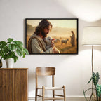 In the Shepherd’s Arms Christian canvas art showing Jesus holding a lamb