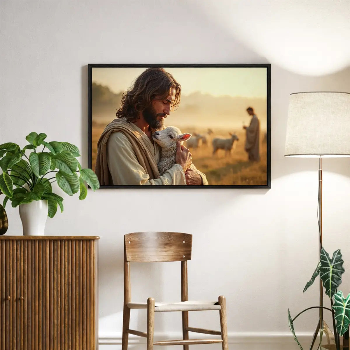 In the Shepherd’s Arms Christian canvas art showing Jesus holding a lamb