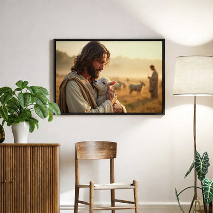 In the Shepherd’s Arms Christian canvas art showing Jesus holding a lamb