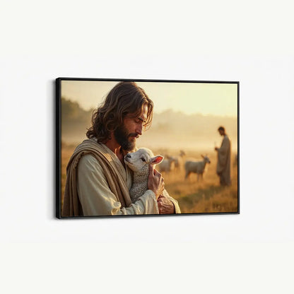 In the Shepherd’s Arms Christian canvas art showing Jesus holding a lamb