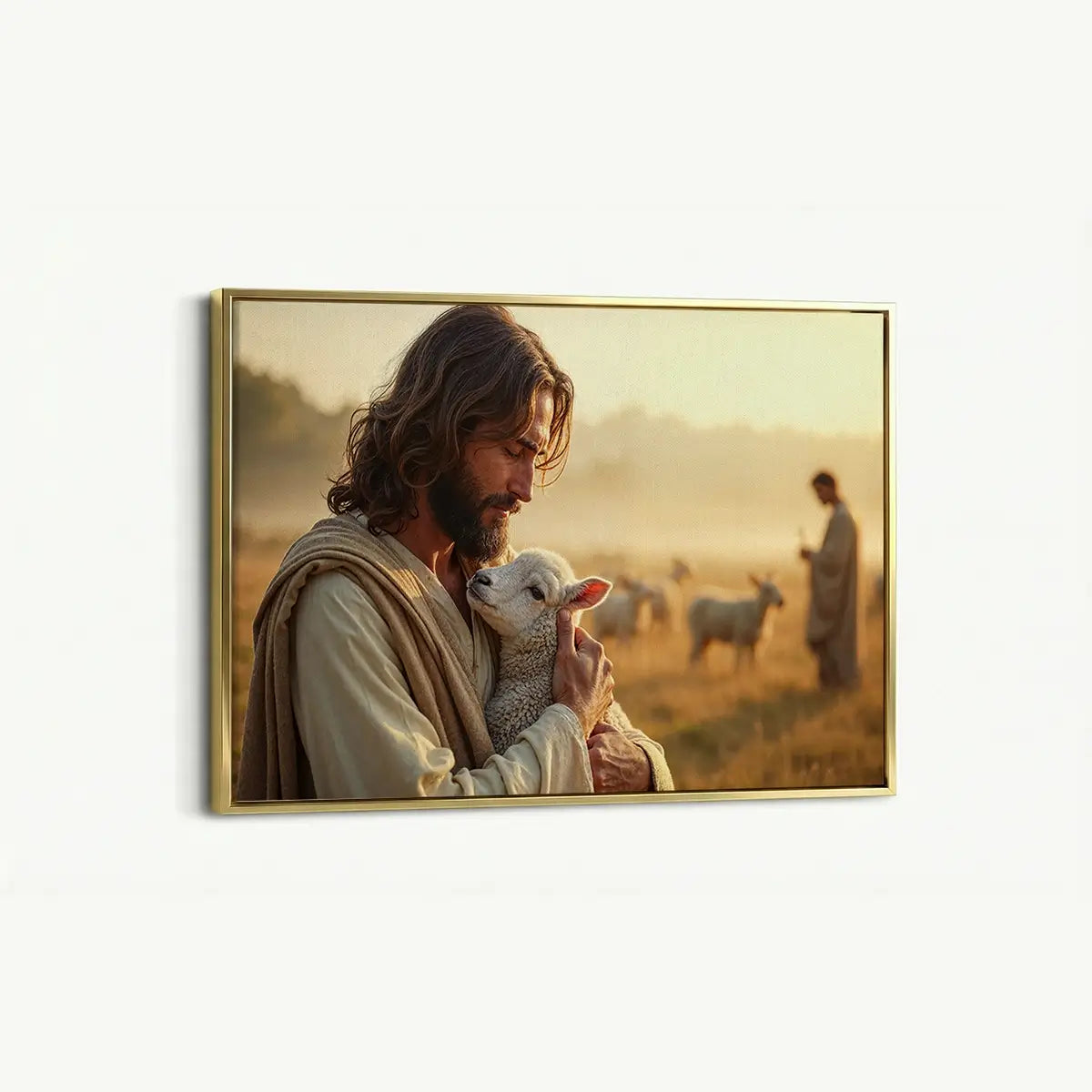 In the Shepherd’s Arms Christian canvas art showing Jesus holding a lamb