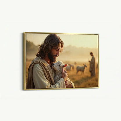 In the Shepherd’s Arms Christian canvas art showing Jesus holding a lamb
