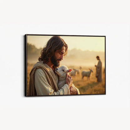 In the Shepherd’s Arms Christian canvas art showing Jesus holding a lamb