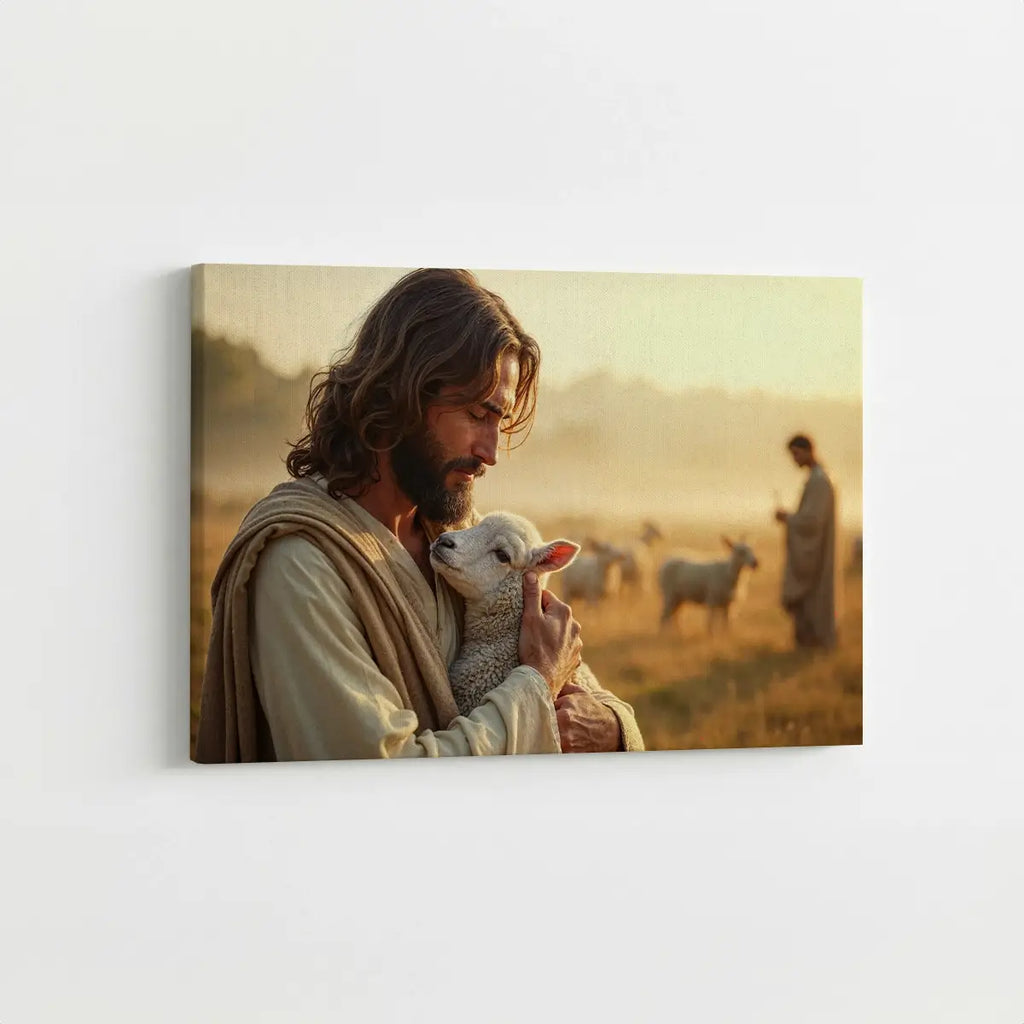 In the Shepherd’s Arms Christian canvas art showing Jesus holding a lamb