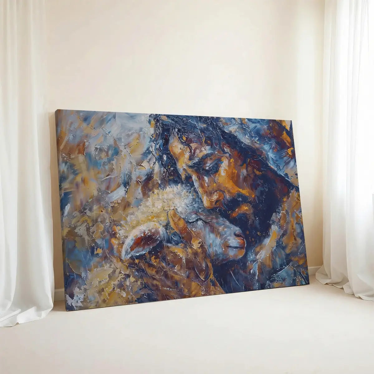 Jesus and the Lamb Christian canvas art symbolizing compassion and redemption