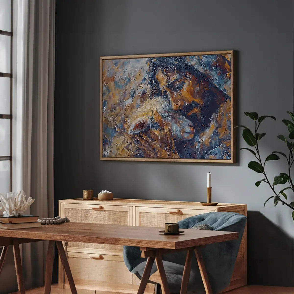 Jesus and the Lamb Christian canvas art symbolizing compassion and redemption