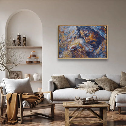 Jesus and the Lamb Christian wall art displayed in a peaceful living room