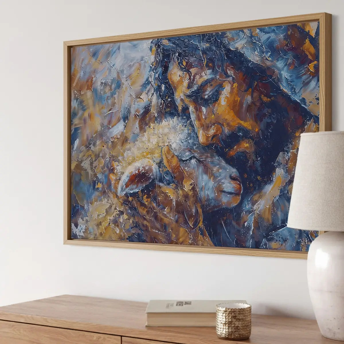 Jesus and the Lamb Christian canvas art symbolizing compassion and redemption