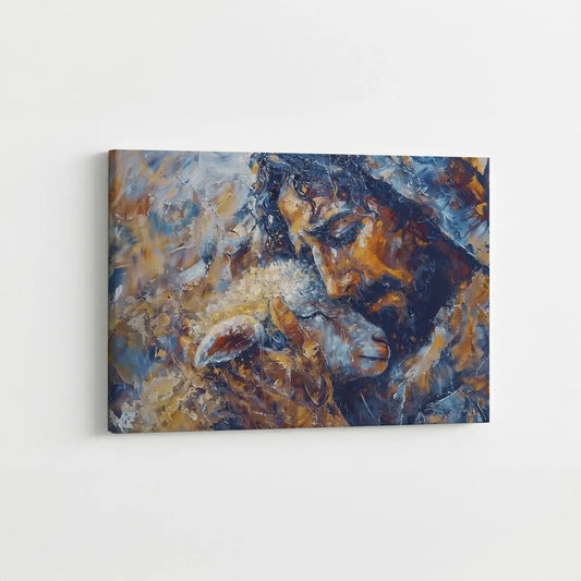 Jesus and the Lamb Christian canvas art symbolizing compassion and redemption