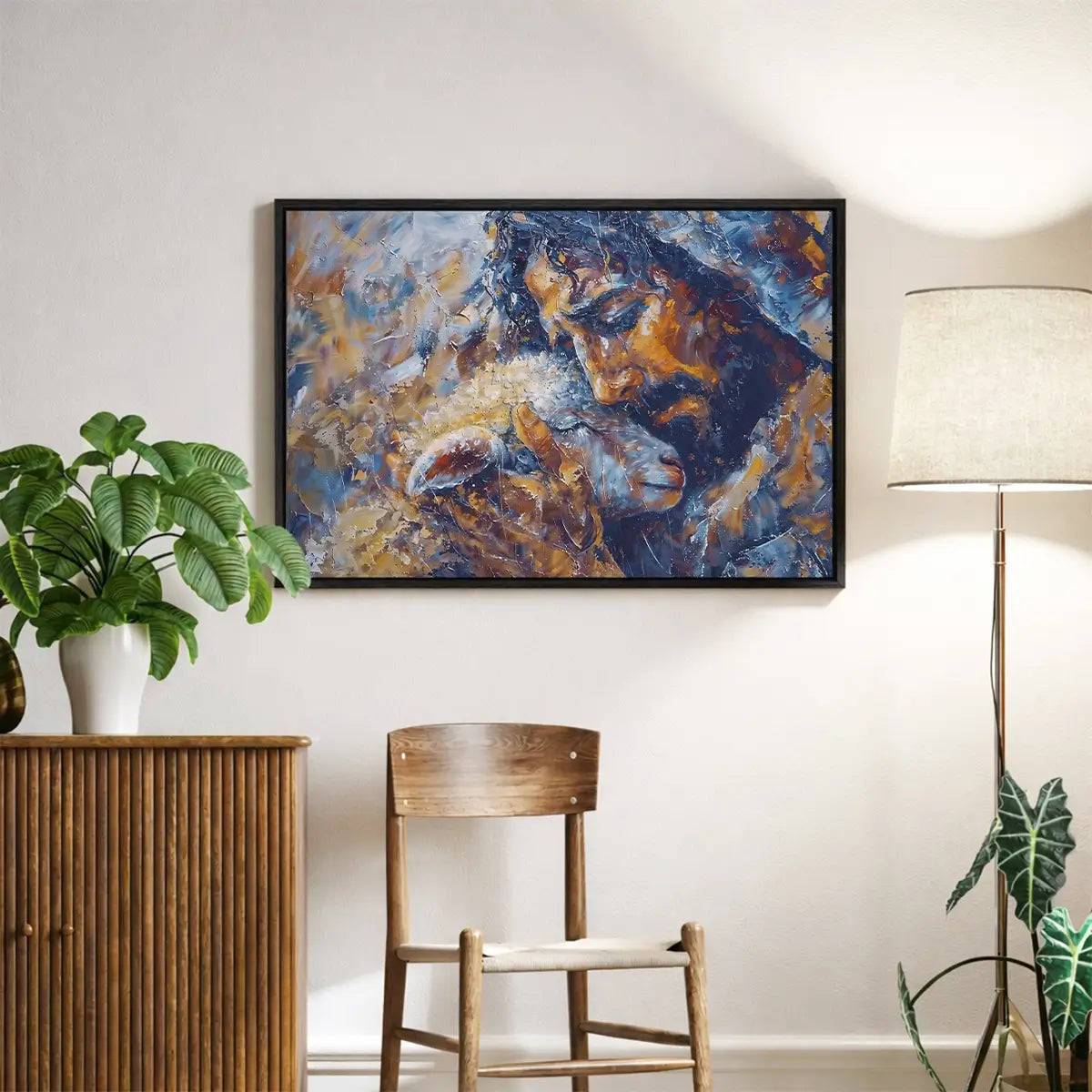 Jesus and the Lamb Christian canvas art symbolizing compassion and redemption
