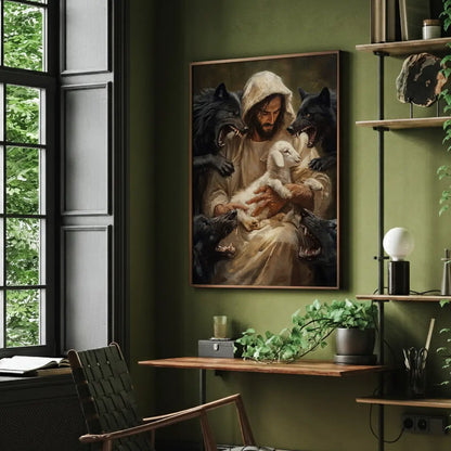 Jesus protects the lamb Good Shepherd Christian canvas art