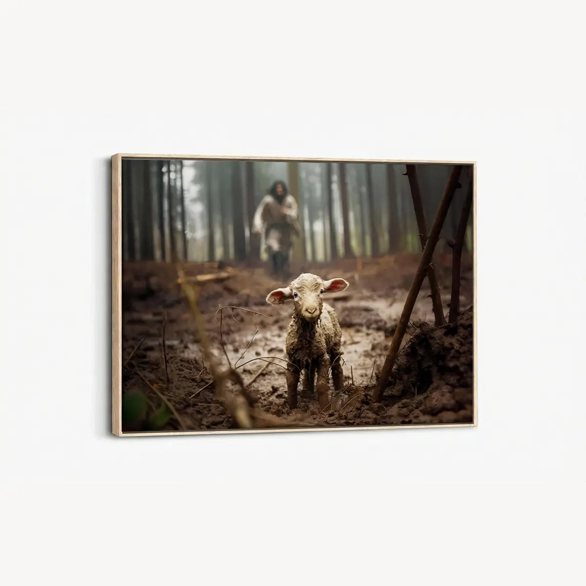 Jesus saves the lamb Christian canvas art showing Christ rescuing the lamb