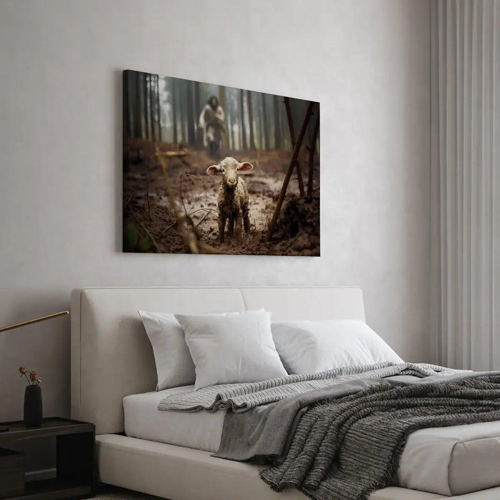 Jesus saves the lamb Christian canvas art showing Christ rescuing the lamb