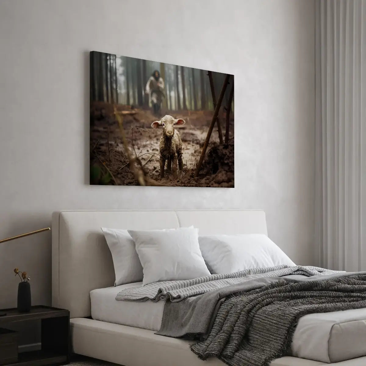 Jesus saves the lamb Christian canvas art showing Christ rescuing the lamb