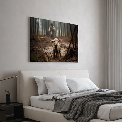Jesus saves the lamb Christian canvas art showing Christ rescuing the lamb