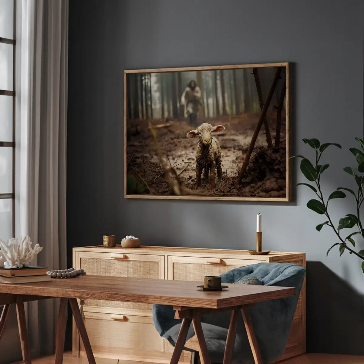 Jesus saves the lamb Christian canvas art showing Christ rescuing the lamb