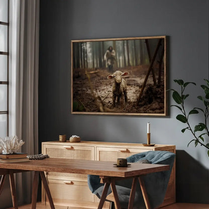 Jesus saves the lamb Christian canvas art showing Christ rescuing the lamb