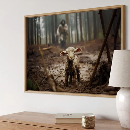 Jesus saves the lamb Christian canvas art showing Christ rescuing the lamb