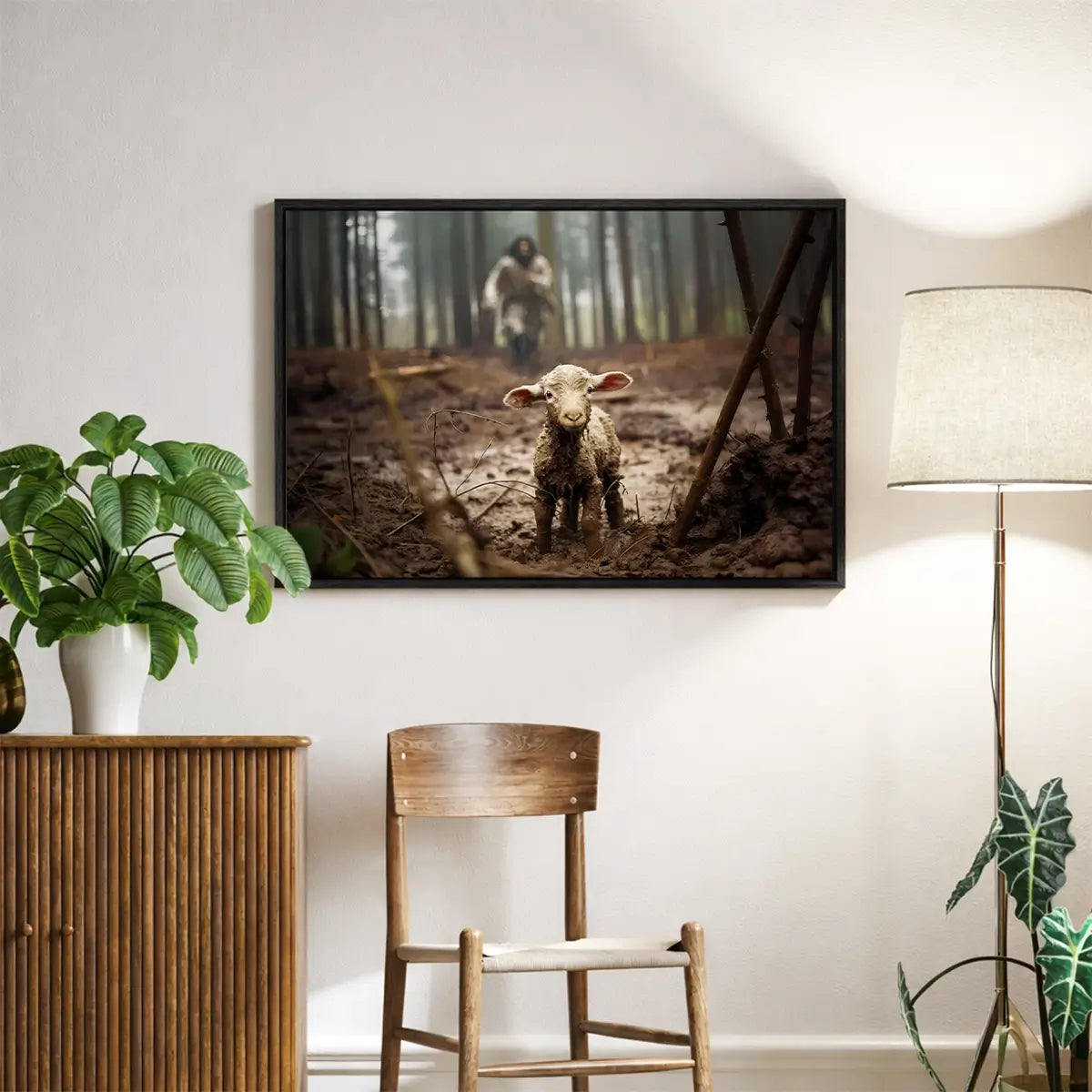 Jesus saves the lamb Christian canvas art showing Christ rescuing the lamb