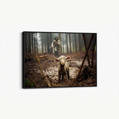 Jesus saves the lamb Christian canvas art showing Christ rescuing the lamb