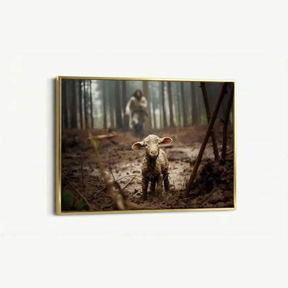 Jesus saves the lamb Christian canvas art showing Christ rescuing the lamb