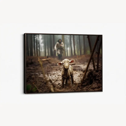 Jesus saves the lamb Christian canvas art showing Christ rescuing the lamb