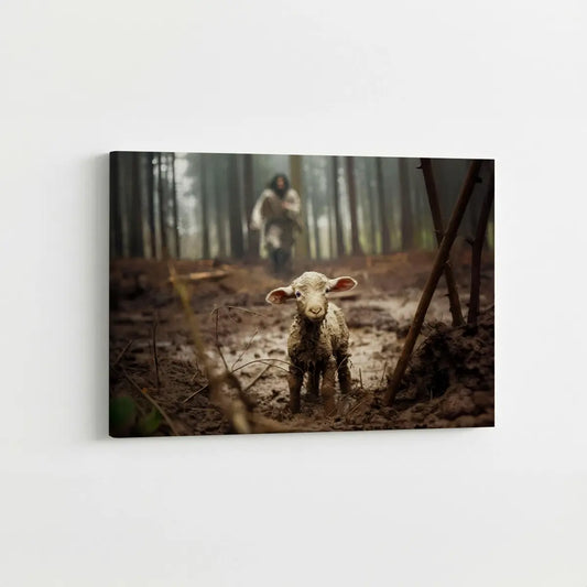 Jesus saves the lamb Christian canvas art showing Christ rescuing the lamb