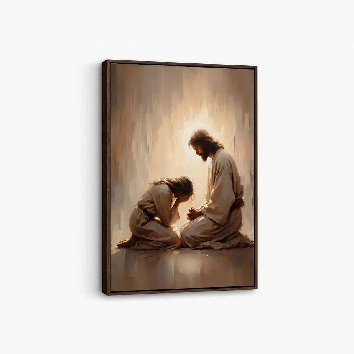 Jesus Weeps With You Christian canvas art showing Jesus comforting a grieving woman